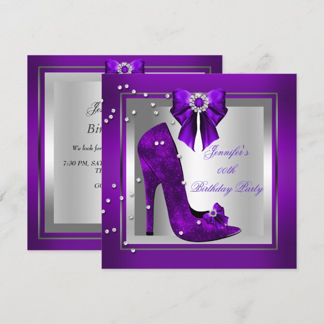 Invitation Chaussure à talon haut argent violet Fête d'annive (Devant / Derrière)