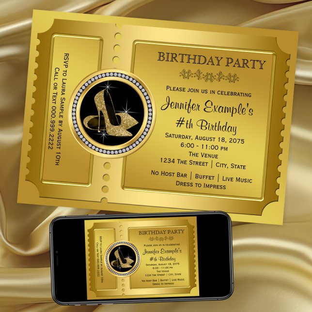 Invitation Chaussure à talon haut dorée Fête d'anniversaire (Gold high heel shoe invitation. Any event. Digital download and printed invitations available)
