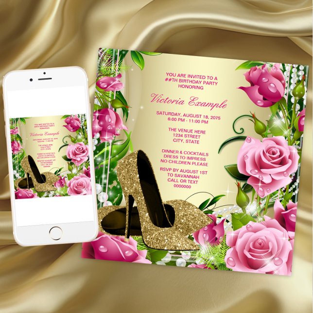 Invitation Chaussure à talon haut en or et perle de rose rose (Womans gold high heel shoes birthday party invitation. Any number or event. Download and printed.)