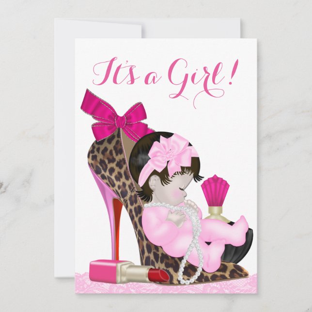 Invitation Chaussure à talon haut léopard Baby Shower pour fi (Devant)