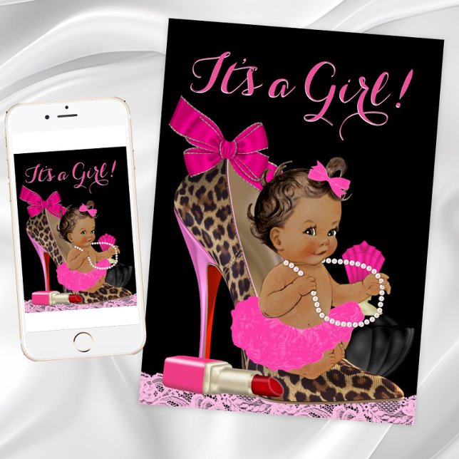 Invitation Chaussure à talon haut léopard rose chaud Baby Sho (High heel shoe baby shower invitation. Instant download and printed invitations available.)