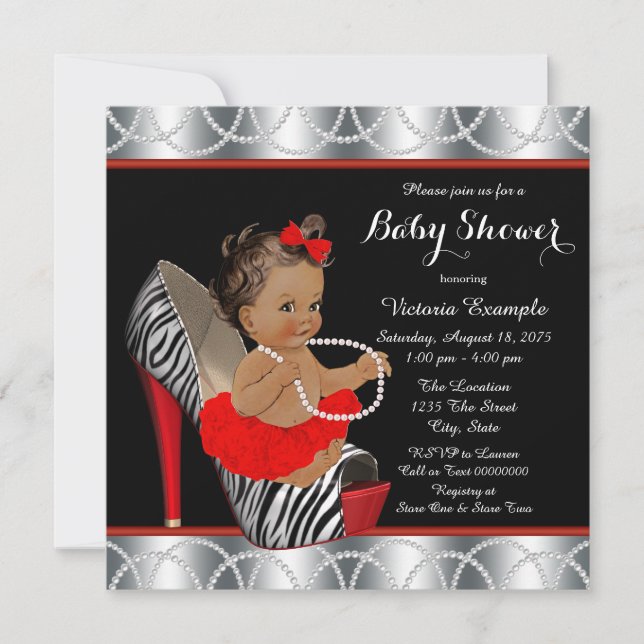 Invitation Chaussure à talon haut perlé Zèbre Rouge Fête bébé (Devant)