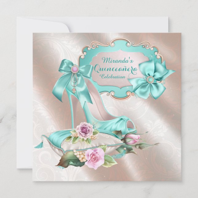 Invitation Chaussure à talon haut rose et sarcelle Quinceaner (Devant)