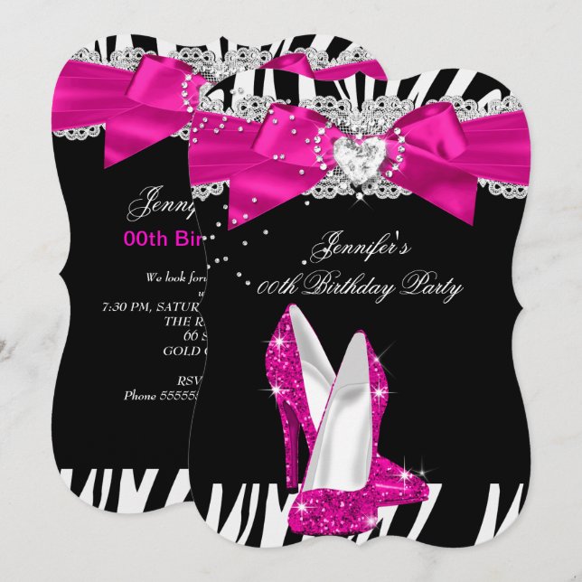 Invitation Chaussure à talon haut rose vif Zebra Noir Anniver (Devant / Derrière)