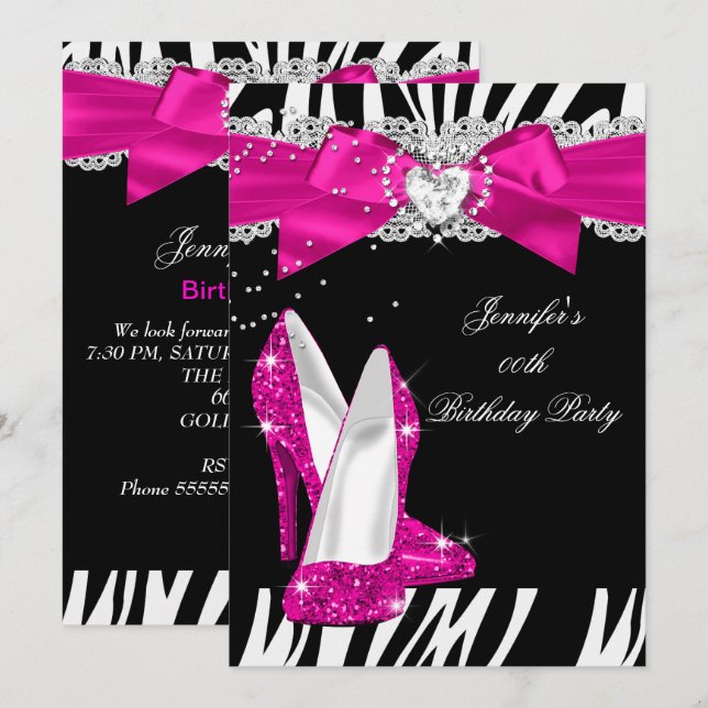 Invitation Chaussure à talon haut rose vif Zebra Noir Anniver (Devant / Derrière)