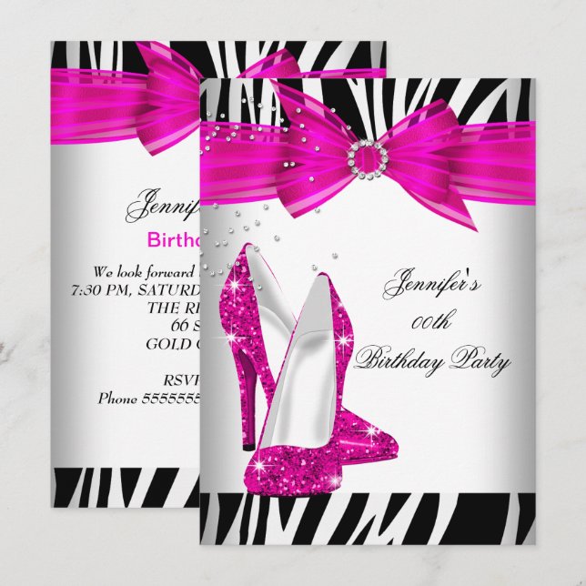 Invitation Chaussure à talon haut rose vif Zebra Soirée d'ann (Devant / Derrière)