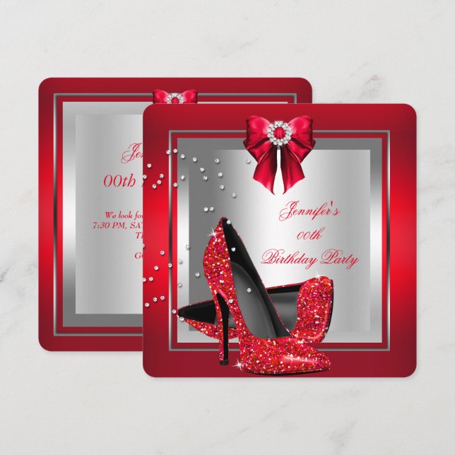 Invitation Chaussure à talon haut rouge pailletée Fête d'anni (Devant / Derrière)