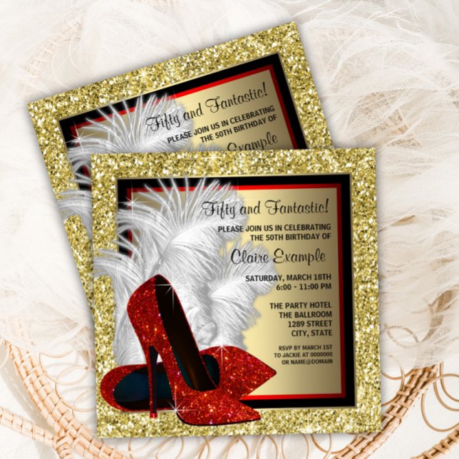 Invitation Chaussure à talon haut rouge pour fête d'anniversa (Elegant red, black and gold high heel shoe any event invitation. All text can be changed.)