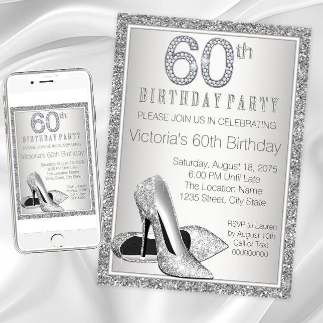 Invitation Chaussure à Talon Haut Strassé Argentée Femme 60èm (Womans elegant 60th birthday invitation. Instant download and printed invitations available,)