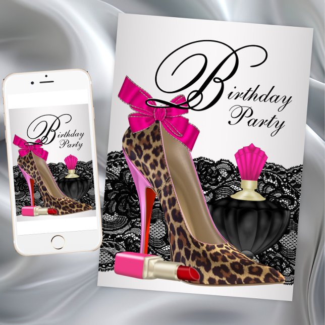 Invitation Chaussure à talon imprimé léopard pour fête d'anni (Leopard high heel shoe girl things invitation. Instant download and printed invitations available.)