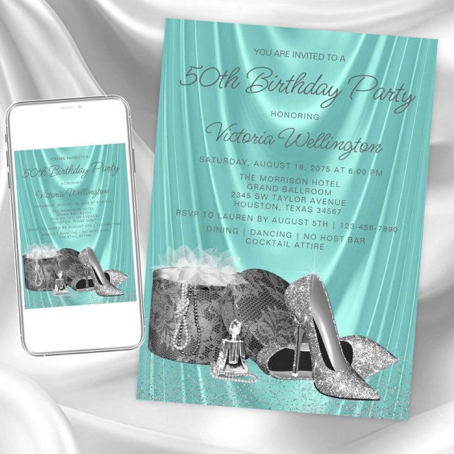 Invitation Chaussure argentée bleue sarcelle de femme pour to (Womans teal silver any birthday invitation. Instant download and printed invitations available.)