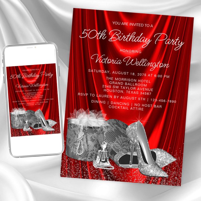 Invitation Chaussure argentée rouge pour femme, anniversaire, (Womans red silver any number birthday invitation. Instant download and printed invitations available)