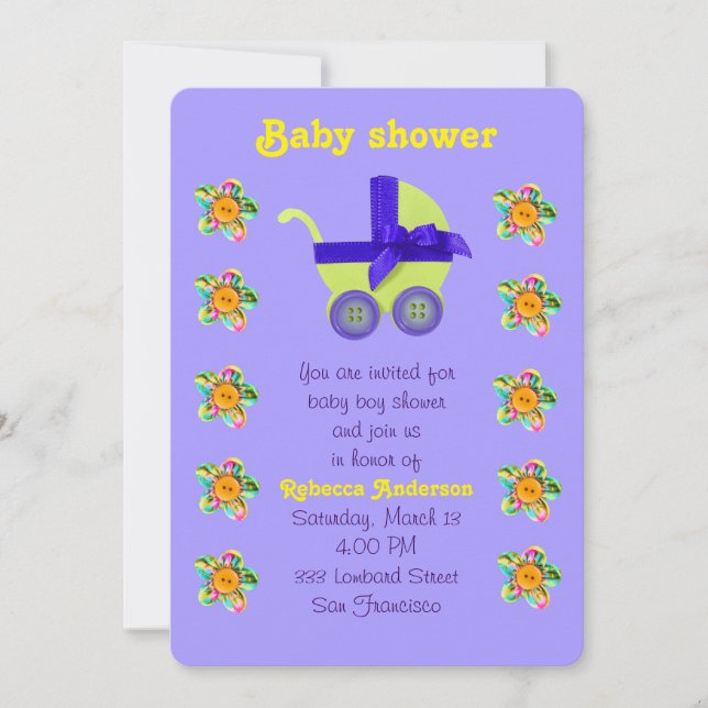 Invitation Chaussure bébé jaune, rose, fleurs cousues violett (Devant)