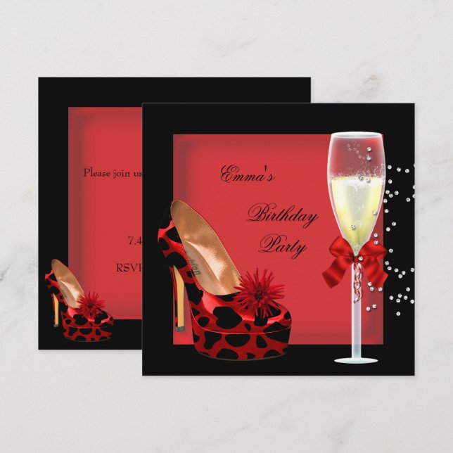 Invitation Chaussure de Champagne Rouge Noir pour Fête d'Anni (Devant / Derrière)