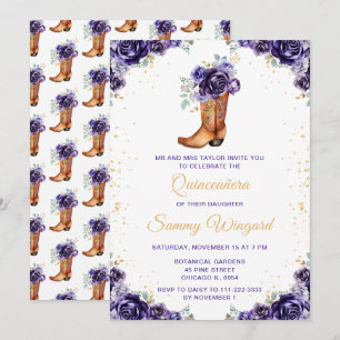Invitation Chaussure de cowboy florale dorée violet foncé pou