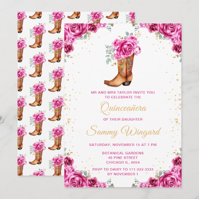 Invitation Chaussure de cowboy florale en or rose chaud pour  (Devant / Derrière)