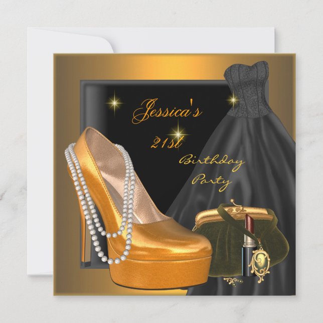 Invitation Chaussure de fête d'anniversaire 21 ans Or Orange  (Devant)