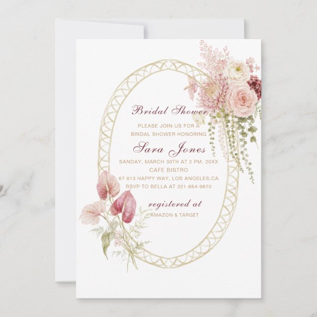 Invitation Chaussure de mariée fleurs rose bordeaux Aquarelle (Devant)