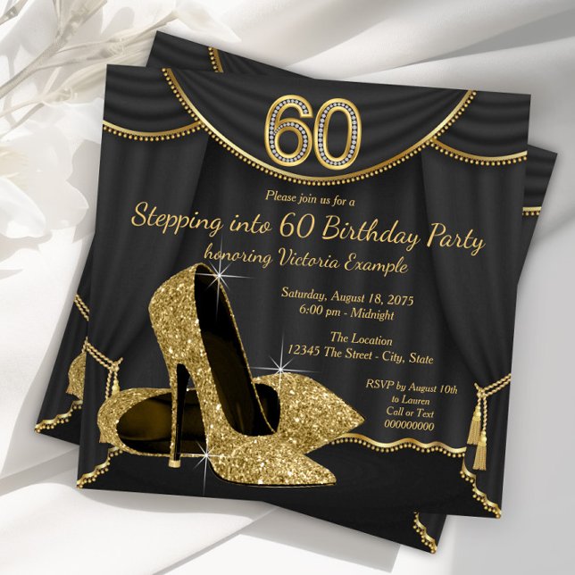 Invitation Chaussure d'or Noir à 60 Anniversaire (Woman stepping into 60 high birthday party invitation with gold high heel shoes. )