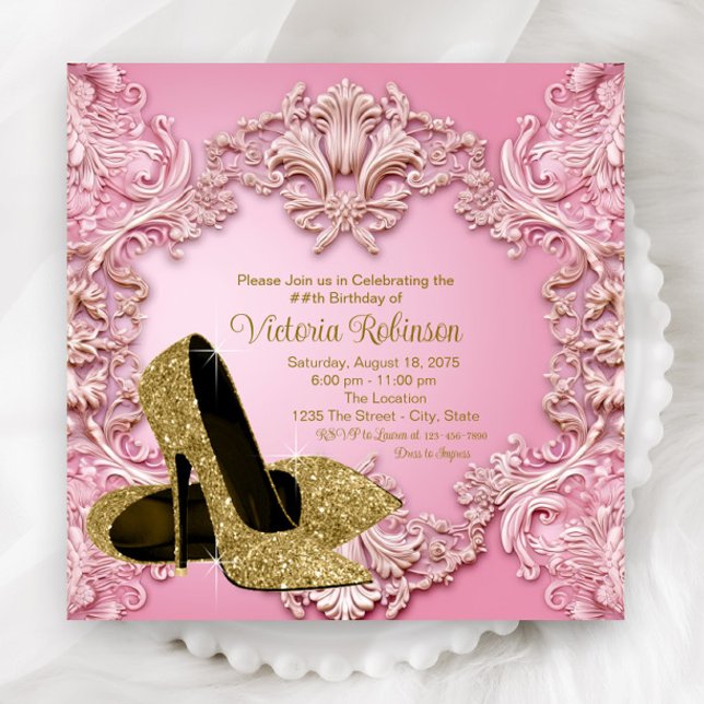 Invitation Chaussure d'or rose vif pour femmes fête d'anniver (Elegant pink gold shoe any number birthday and event invitation.)