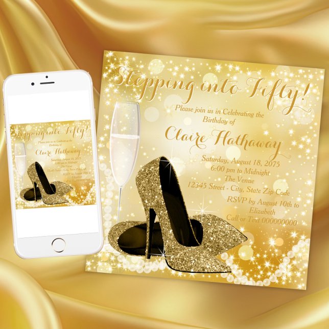 Invitation Chaussure dorée quel que soit le numéro pour entre (Elegant gold any occasion invitation. Instant download and printed invitations available.)