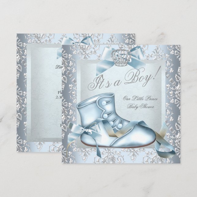 Invitation Chaussure en damas bleu bébé garçon Baby Shower Pr (Devant / Derrière)