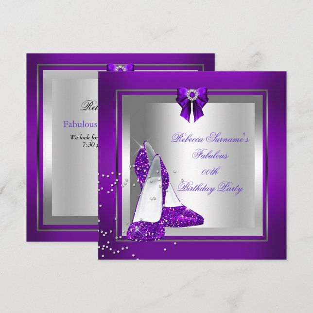 Invitation Chaussure fabuleuse argent violet fête d'anniversa (Devant / Derrière)