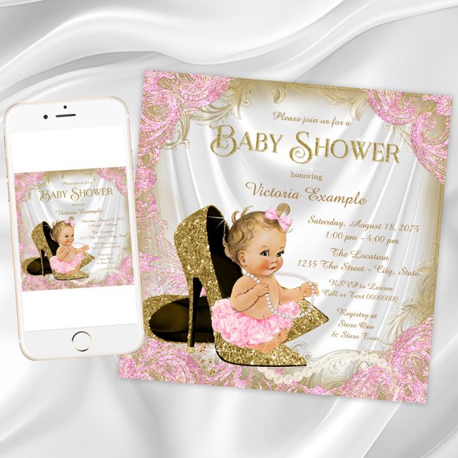 Invitation Chaussure Fille Rose Paillettes Dorées Perle Baby  (Pink gold shoe baby shower invitation. Instant download and printed invitations available.)