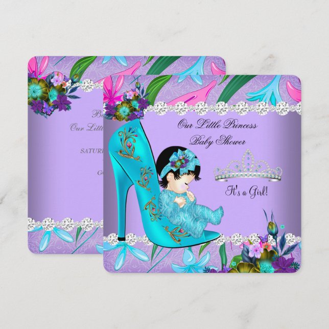 Invitation Chaussure Fleurie Violette et Sarcelle pour Baby S (Devant / Derrière)
