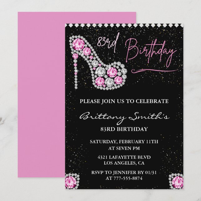 Invitation Chaussure Pailletée Noir Rose Diamond Glam pour 83 (Devant / Derrière)