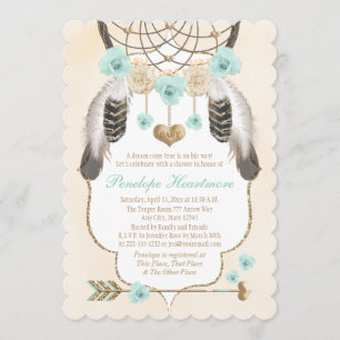 Invitation Chaussure pour bébé Boho Dreamcatcher Turquoise et