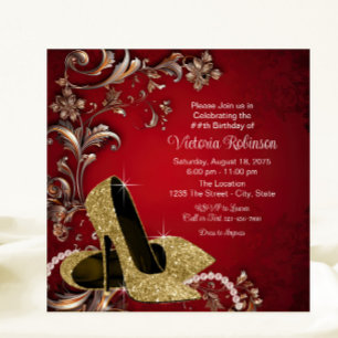 Invitation Chaussure Rouge or pour femmes fête d'anniversaire