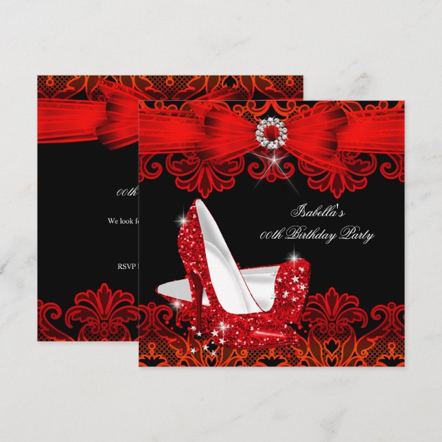 Invitation Chaussure Stiletto Diamantée Lacée Rouge Talons Ha (Devant / Derrière)