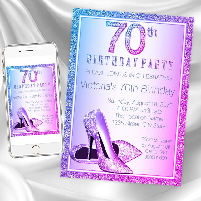 Invitation Chaussure talon haute femme 70e anniversaire (Womans 70th birthday party invitation. Instant download and printed invitations available.)