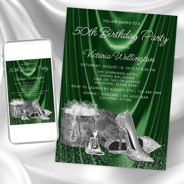 Invitation Chaussure Verte Argentée Féminine Anniversaire Tou (Womans emerald green silver any event invitation. Instant download & printed invitations available.)