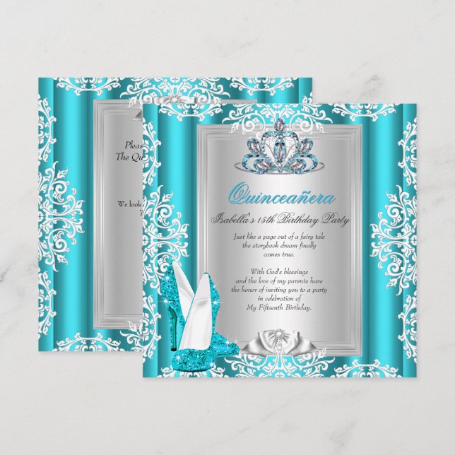 Invitation Chaussures à talons bleu sarcelle pour fête des 15 (Devant / Derrière)
