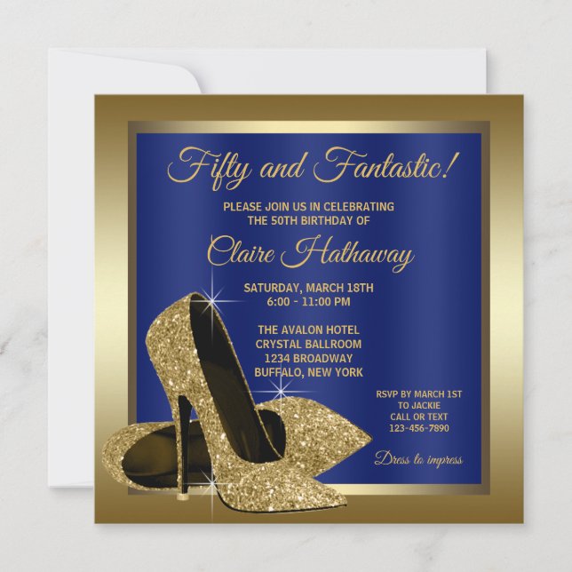 Invitation Chaussures à talons hauts bleu royal et or pour fê (Devant)
