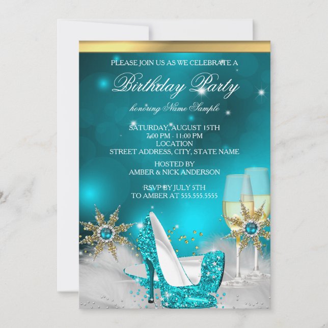 Invitation Chaussures à talons hauts bleu sarcelle argent or  (Devant)