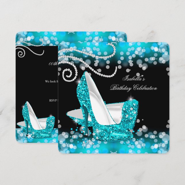 Invitation Chaussures à talons hauts bleu sarcelle pailletées (Devant / Derrière)