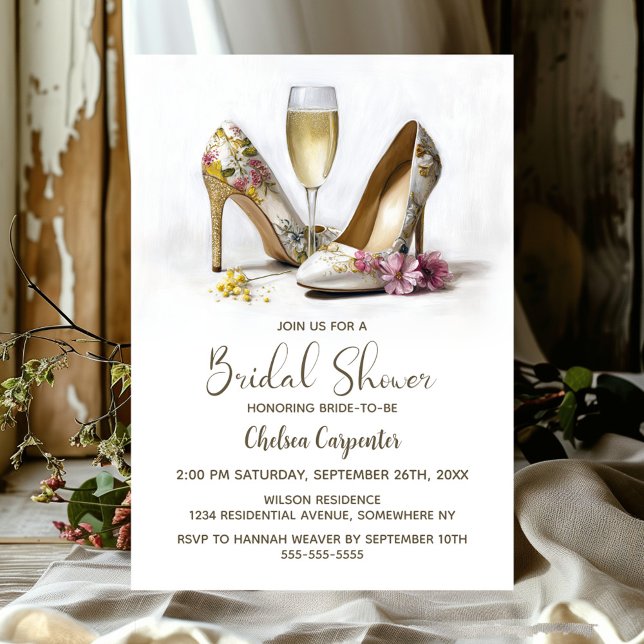 Invitation Chaussures à talons hauts Champagne et Florales (Créateur téléchargé)