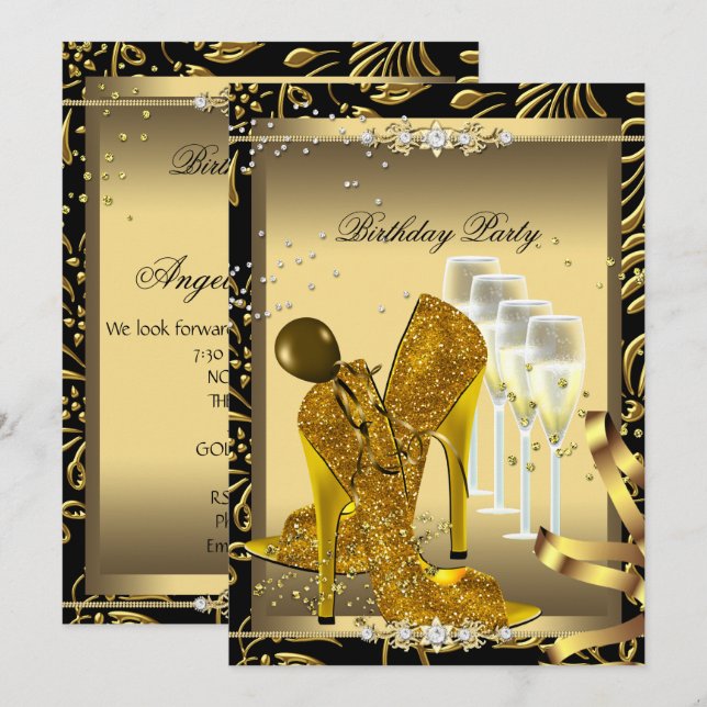 Invitation Chaussures à Talons Hauts Champagne Or Fête d'Anni (Devant / Derrière)