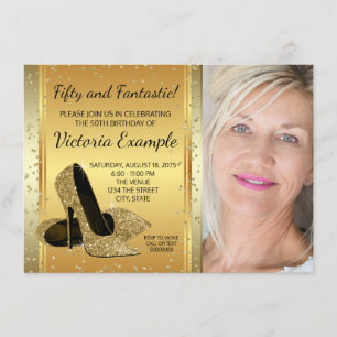 Invitation Chaussures à talons hauts dorées Fête d'anniversai