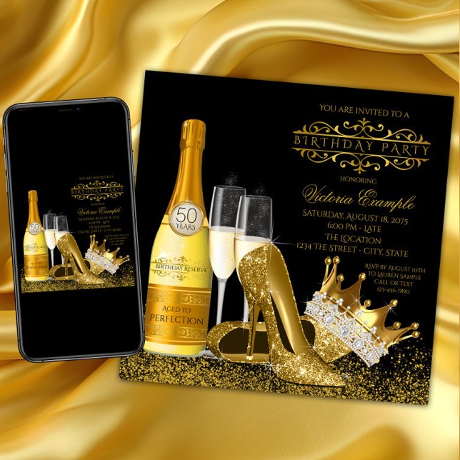 Invitation Chaussures à talons hauts dorées pour femme pour a (Woman black and gold birthday party invitation with gold high heel shoes, crown and champagne. Any #)