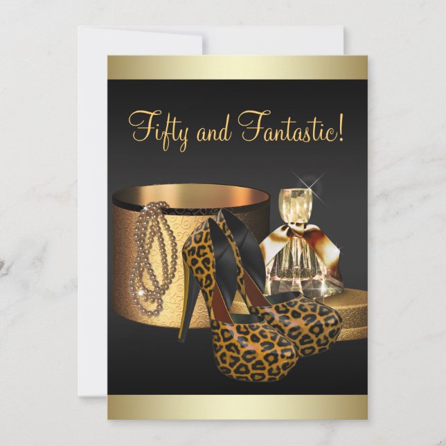 Invitation Chaussures à talons hauts léopard or femme anniver (Devant)