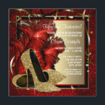 Invitation Chaussures à talons hauts noires, rouges et dorées<br><div class="desc">Chaussures à talons hauts pailletés noir élégant, rouge et or pour l'invitation à la fête d'anniversaire d'une femme. Cette invitation d'anniversaire élégante rouge, noire et or est facilement personnalisable pour votre fête ou événement en ajoutant vos détails d'événement, style de police, taille et couleur de police, et libellé. Veuillez noter...</div>