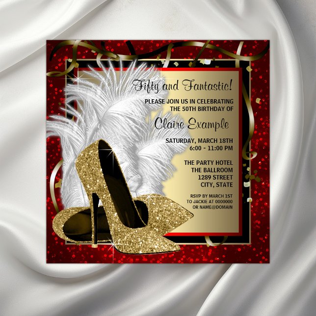 Invitation Chaussures à talons hauts noires, rouges et dorées (Elegant red and gold any number or event invitation. Simply add your event details.)