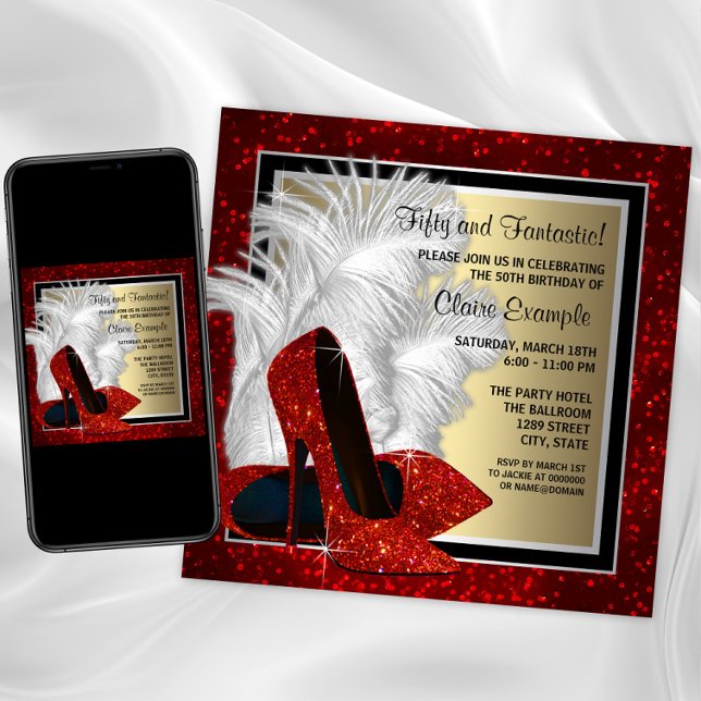 Invitation Chaussures à talons hauts noires, rouges et dorées (Womans red high heel shoe birthday and any event invite. Download and printed invitations available.)