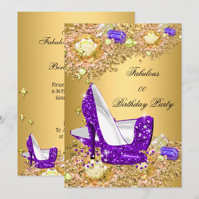 Invitation Chaussures à talons hauts pailletées or violet Fab (Devant / Derrière)