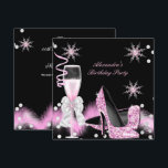 Invitation Chaussures à talons hauts rose champagne Fête d'an<br><div class="desc">Chaussures à talons hauts scintillantes rose clair, fête d'anniversaire rose champagne, sur fond noir, flocons de neige perles roses, plumes roses et noires, scintillement argenté blanc, plumes, fête d'anniversaire pour tout âge. Fête pour femmes ou jeunes filles. Invitation formelle à utiliser pour toute invitation d'événement. Personnalisez avec vos propres détails...</div>