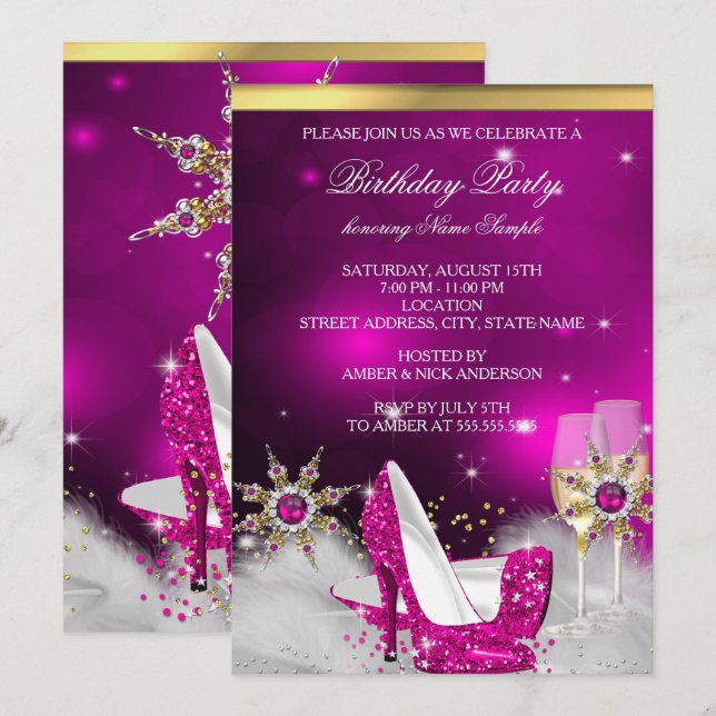 Invitation Chaussures à talons hauts rose pailleté argent or  (Devant / Derrière)